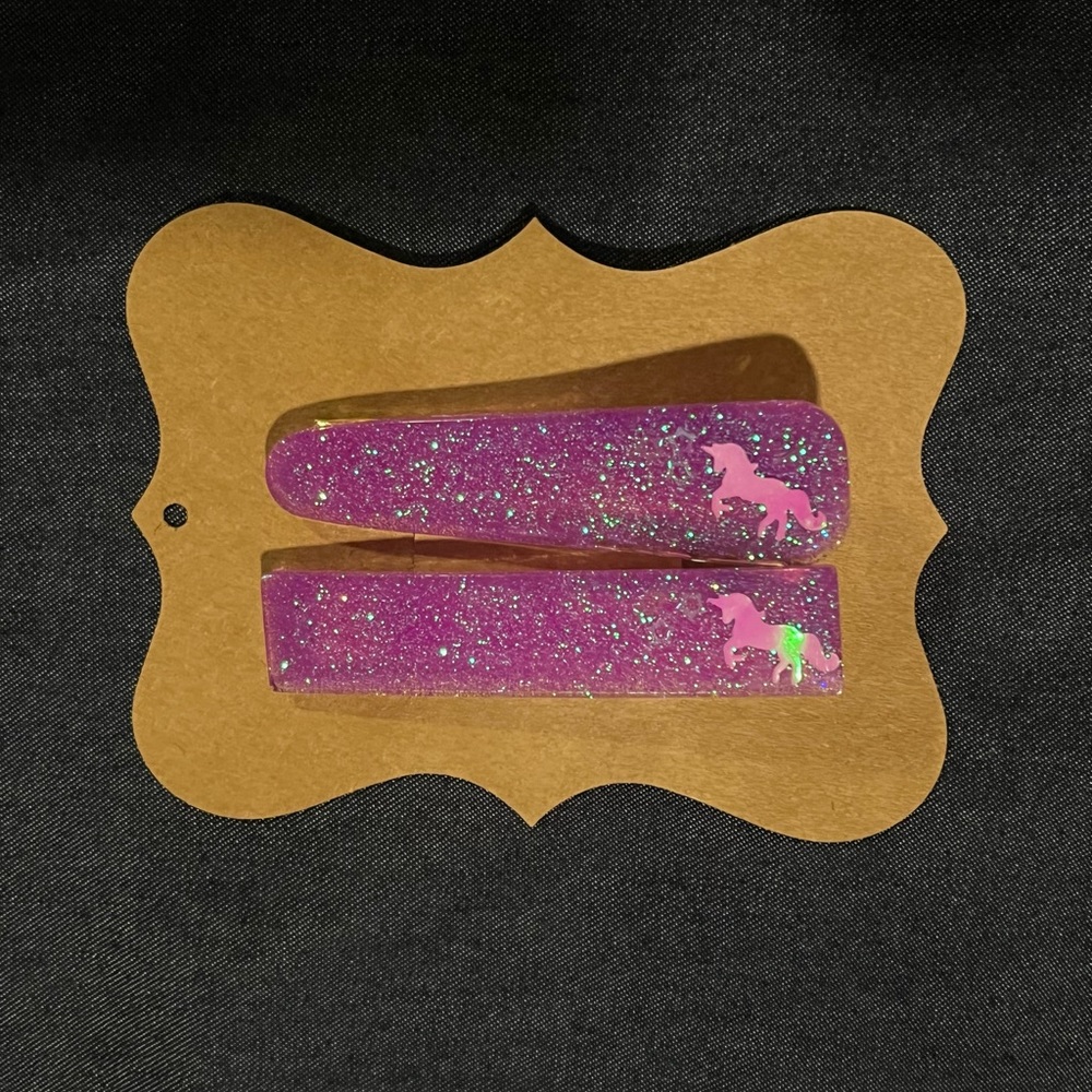 Resin hair clip set! Purple unicorn glitter!